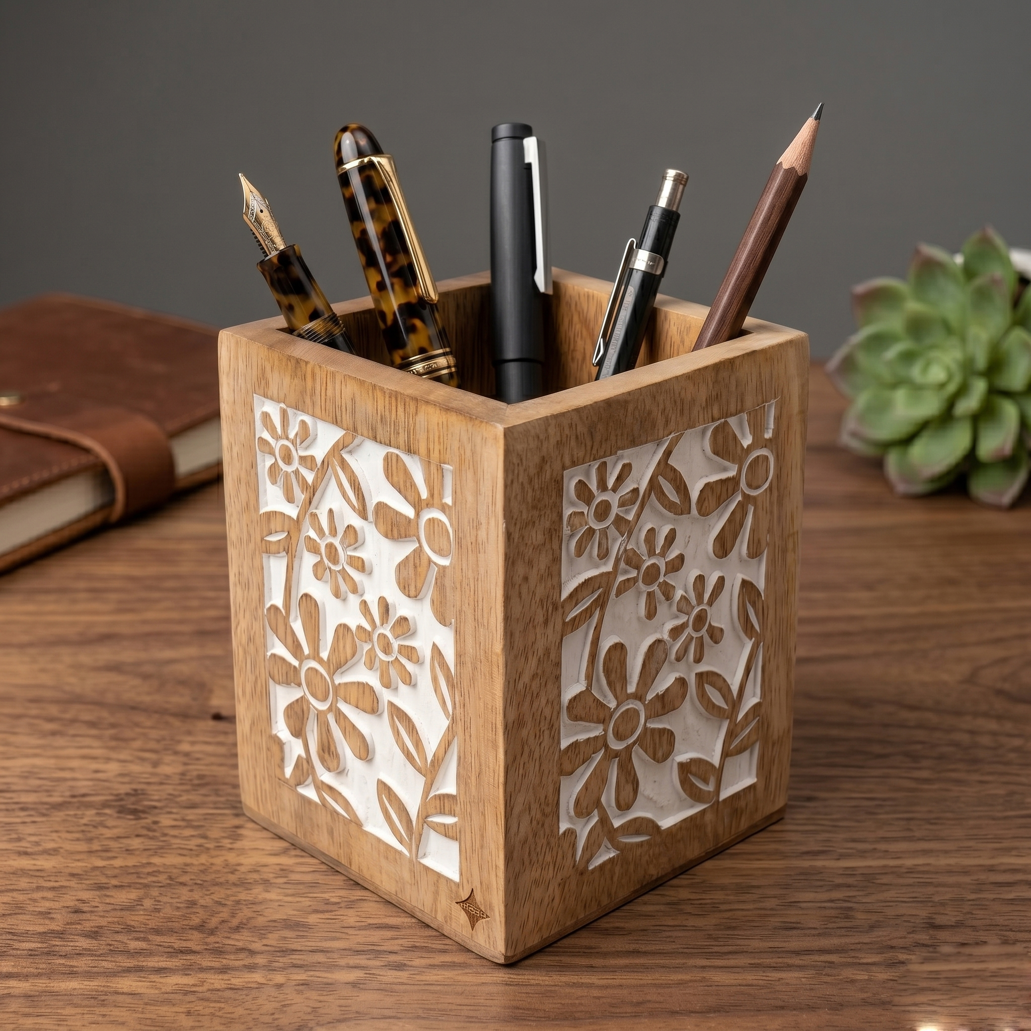 Wooden Pen Jar Pen Holder for Desk – Wooden Desk Organizer - Image 2